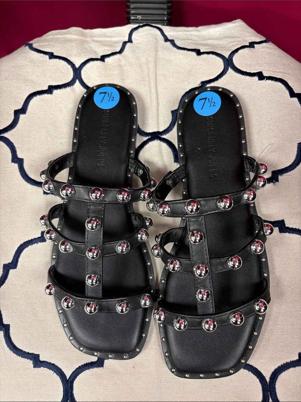Sincerly Jules Black Studded Multi-Strap Slide Sandals